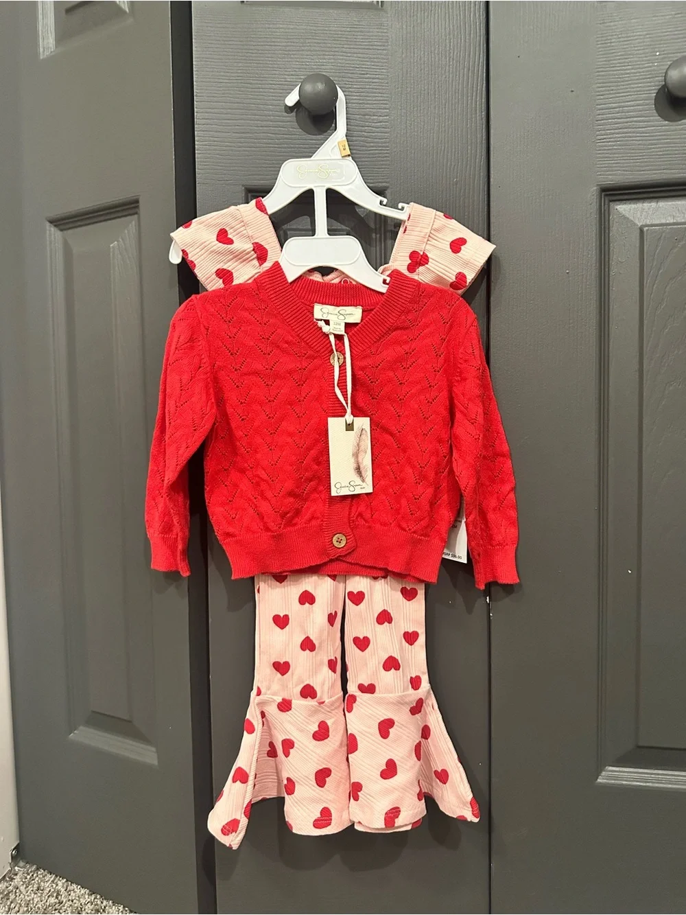 NWT baby/toddler Red Knit Cardigan with Pink Heart Ruffle Pants Set